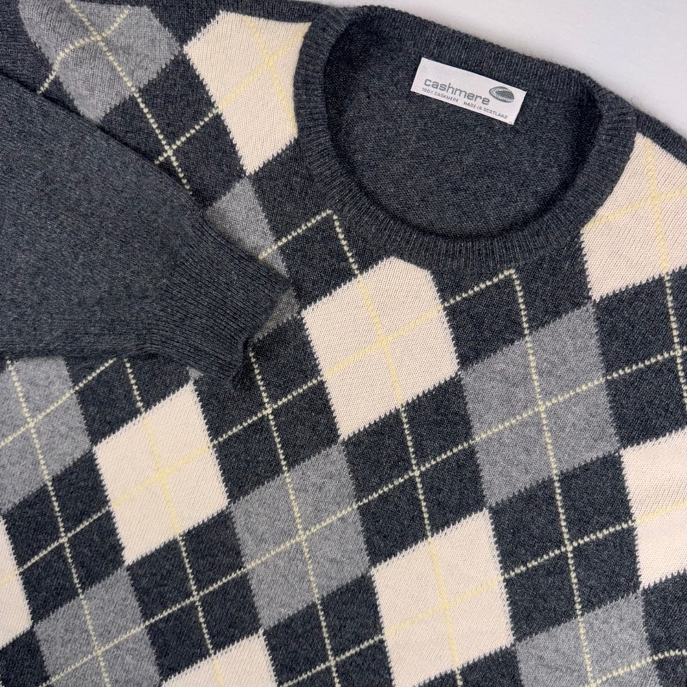 Cashmera Sweater Mens XL Grey Argyle Crew Made in Hawick Scotland 100% Cashmere